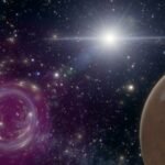 An illustration shows a black hole, indicated by warped light, near a planet in the solar system