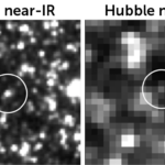 A spiral galaxy shown in a composite image from the James Webb Space Telescope and Hubble Space Telescope