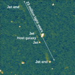 A fiery beam of light — emerging from two sides of a black hole — shoots across a dark background strewn with scattered silvery wisps and occasional bright dots representing galaxies.