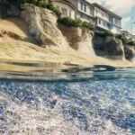 Debris from a collapsed house litters a beach in North Carolina. In the distance, a house on stilts still stands at the very edge of the ocean.
